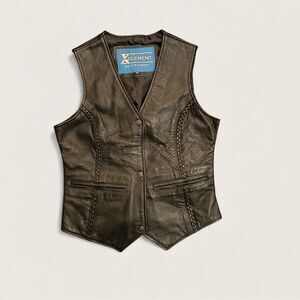 Xelement USA Leather Women’s Black Leather Motorcycle Vest Braided Trim Small